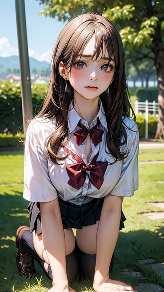 (masterpiece:1.2, top-quality), (realistic, photorealistic:1.4), beautiful illustration, (natural side lighting, movie lighting), 
looking at viewer, cowboy shot, front view:0.6, 1 girl, japanese, high school girl, perfect face, cute and symmetrical face, shiny skin, 
(long hair:1.8, straight hair:1.7, light brown hair), parted bangs, emerald green eyes, long eye lasher, (large breasts:0.9, thick thighs), 
beautiful hair, beautiful face, beautiful detailed eyes, beautiful clavicle, beautiful body, beautiful chest, beautiful thigh, beautiful legs, beautiful fingers, 
((, white collared shirts, black pleated mini skirt, black socks, brown loafers, red bow tie)), break, hoop ring earrings, pink panties, dark blue school bag, violet cardigan, break,
(beautiful scenery),Top definition, masterpiece, 4K, one mature adult woman, one big dog, woman has platinum blonde, straight hair, one length. Slit eyes, sharp gaze, model-like beauty, perfect proportions. In a grassy field, the woman is on all fours, and the big dog is holding her from behind, on her back, in the rear position, and mating with her. The woman's face is flushed red, her brow is furrowed, her eyes are closed, and her mouth is open in anguish. Expression.