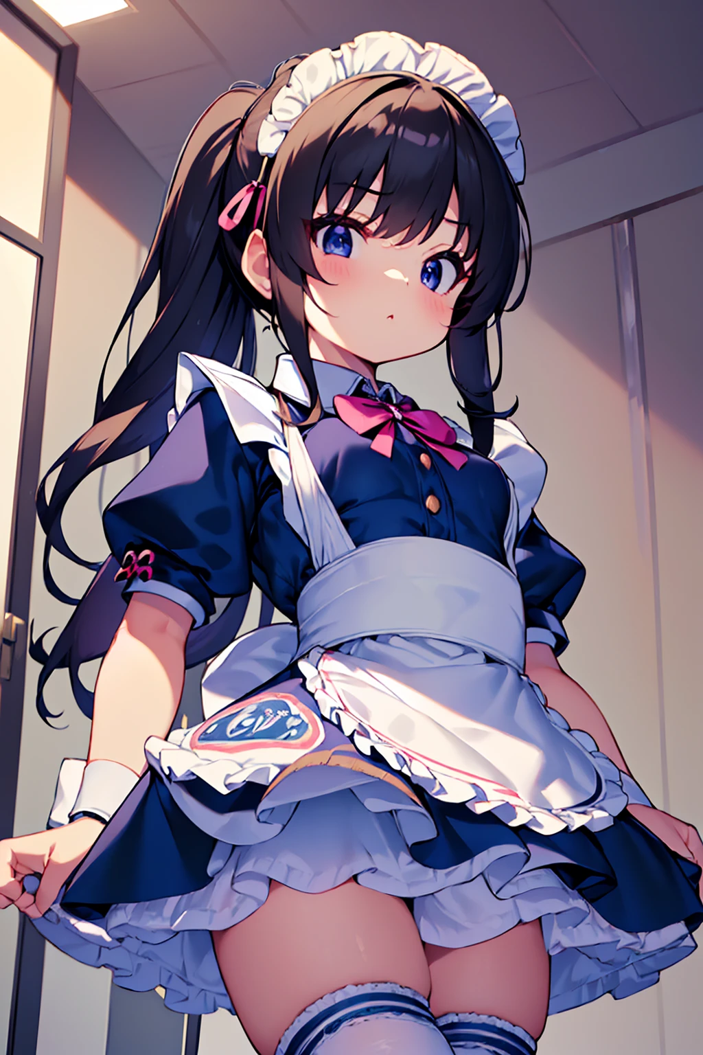 masterpiece, best quality, ultra detailed,super fine illustration, highly detailed beautiful face and eyes, 1girl, (cute), (kawaii), small breasts, (traditional maid collared shirt:1.3), mini skirt, (navy high socks), ponytail hair, standing, noshoes, (from below:1.3),