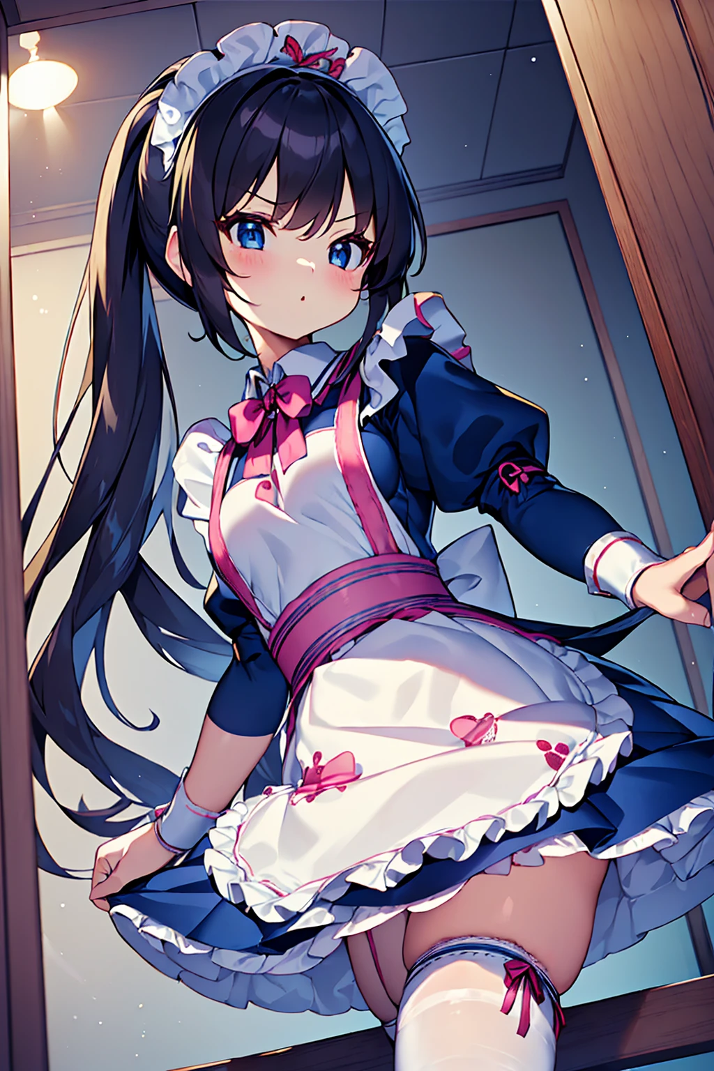 masterpiece, best quality, ultra detailed,super fine illustration, highly detailed beautiful face and eyes, 1girl, (cute), (kawaii), small breasts, (traditional maid collared shirt:1.3), mini skirt, (navy high socks), ponytail hair, standing, noshoes, (from below:1.3),