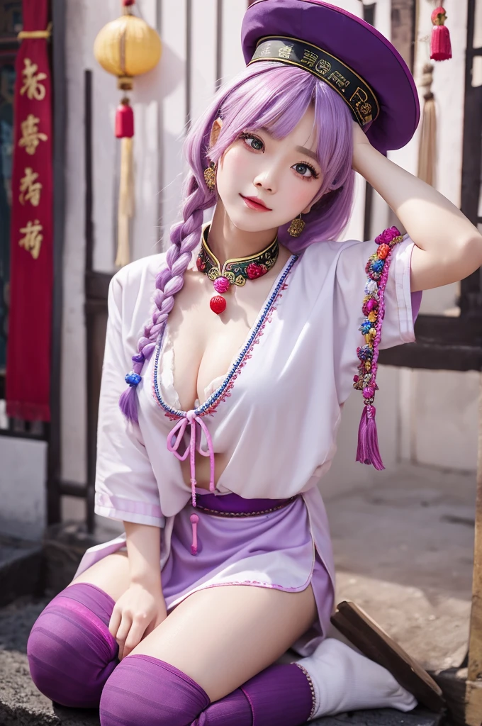 、Bob、Braid、Light purple hair、Red-pink eyes、Jiangshi、Chinese clothing、Big purple hat、Bandage-like knee-highs、A big talisman on the head、Large beads around the neck、