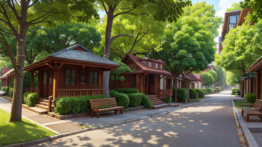 The image captures a street viewed from right to left, with a tree-lined sidewalk on the right. Tall, leafy trees line the sidewalk, providing shade and coolness. among the trees, there are wooden benches strategically placed so that people can sit and enjoy the peaceful environment. The setting conveys a feeling of calm and serenity, highlighting the harmonious integration between nature and urban space.
