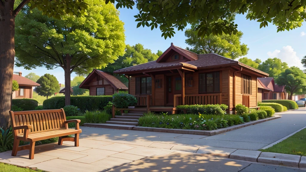 The image captures a street viewed from right to left, with a tree-lined sidewalk on the right. Tall, leafy trees line the sidewalk, providing shade and coolness. among the trees, there are wooden benches strategically placed so that people can sit and enjoy the peaceful environment. The setting conveys a feeling of calm and serenity, highlighting the harmonious integration between nature and urban space.