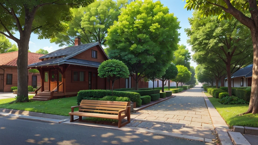 The image captures a street viewed from right to left, with a tree-lined sidewalk on the right. Tall, leafy trees line the sidewalk, providing shade and coolness. among the trees, there are wooden benches strategically placed so that people can sit and enjoy the peaceful environment. The setting conveys a feeling of calm and serenity, highlighting the harmonious integration between nature and urban space.