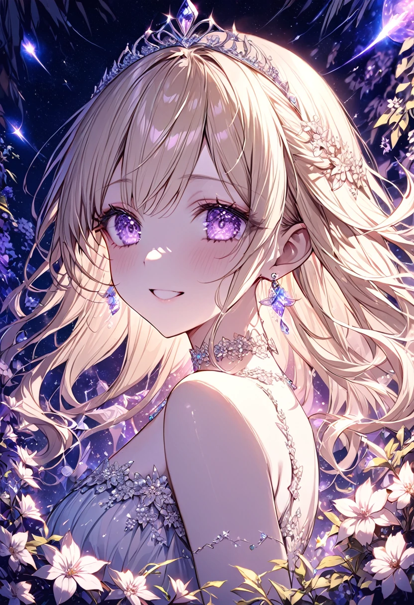 (Highest quality, masterpiece, Very detailedな, Very detailed, Exquisite, 16K,Full HD),A little closer,Dramatic lighting,pastel colour,moonlight, Soft lighting, ((alone:1.5)),From the side,Beautiful night sky,Starry Sky,meteor,From above,((head shot)),Wake up,Lots of flowers,The whole screen is surrounded by flowers.,(Crystal Forest),(Fairy Princess, Purple eyes, Long eyelashes,White skin,slim,pale pink plump lips,Pale pink cheeks, blonde,thin and long,(thin and high nose,Small Nose),(腰の少しFrom above巨大な妖精の羽),elegant,Flower Magic,Diamond Tiara,Diamond Earrings,Diamond Earrings,Diamond Choker,White ball gown dress with diamonds, Lace and frills,(Laughter), (Fantasy, Romantic atmosphere), Magic Light,