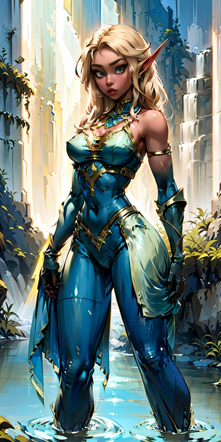 Extremely detailed Artgerm style: This sets the overall artistic style with a high level of detail. Fantasy art: This specifies the genre. Goddess of the green forest: This defines the character's role and gives context to the setting. Woman with long, elf ears: This incorporates the elf features. Black skin: This specifies the character's race. Ornate bikini armor: This combines the skimpy clothing with a fantastical, protective element. Blue high heels standing straight symmetrical: This suggests the color of the bikini and potentially the water body. Long, messy blonde hair: This adds a detail that contrasts the Artgerm style, which is typically more polished for hair.