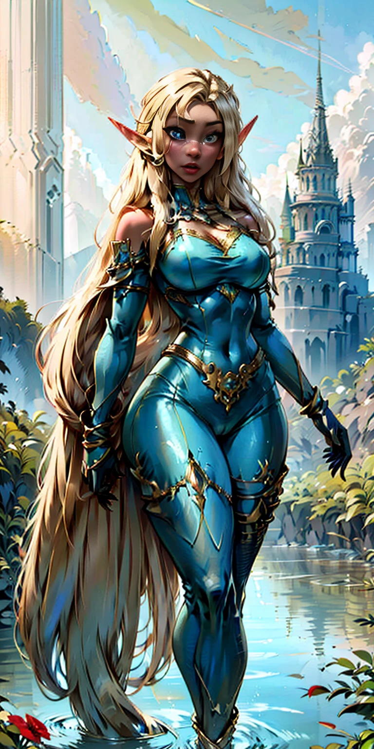 Extremely detailed Artgerm style: This sets the overall artistic style with a high level of detail. Fantasy art: This specifies the genre. Goddess of the green forest: This defines the character's role and gives context to the setting. Woman with long, elf ears: This incorporates the elf features. Black skin: This specifies the character's race. Ornate bikini armor: This combines the skimpy clothing with a fantastical, protective element. Blue high heels standing straight symmetrical: This suggests the color of the bikini and potentially the water body. Long, messy blonde hair: This adds a detail that contrasts the Artgerm style, which is typically more polished for hair.