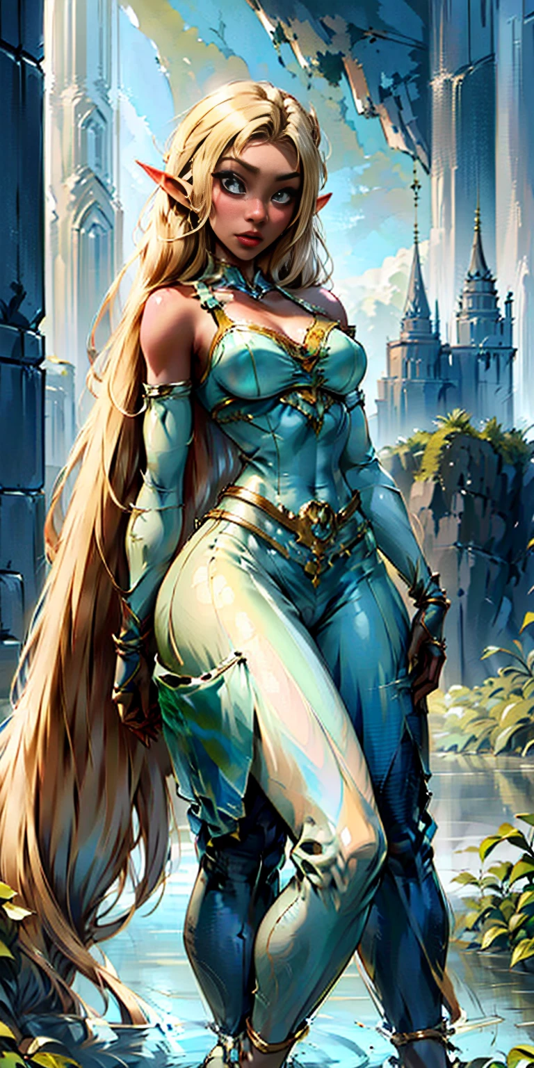 Extremely detailed Artgerm style: This sets the overall artistic style with a high level of detail. Fantasy art: This specifies the genre. Goddess of the green forest: This defines the character's role and gives context to the setting. Woman with long, elf ears: This incorporates the elf features. Black skin: This specifies the character's race. Ornate bikini armor: This combines the skimpy clothing with a fantastical, protective element. Blue high heels standing straight symmetrical: This suggests the color of the bikini and potentially the water body. Long, messy blonde hair: This adds a detail that contrasts the Artgerm style, which is typically more polished for hair.