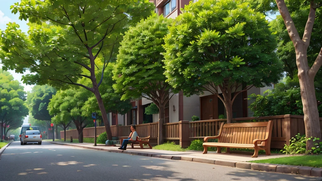 The image captures a street viewed from right to left, with a tree-lined sidewalk on the right. Tall, leafy trees line the sidewalk, providing shade and coolness. among the trees, there are wooden benches strategically placed so that people can sit and enjoy the peaceful environment. The setting conveys a feeling of calm and serenity, highlighting the harmonious integration between nature and urban space.