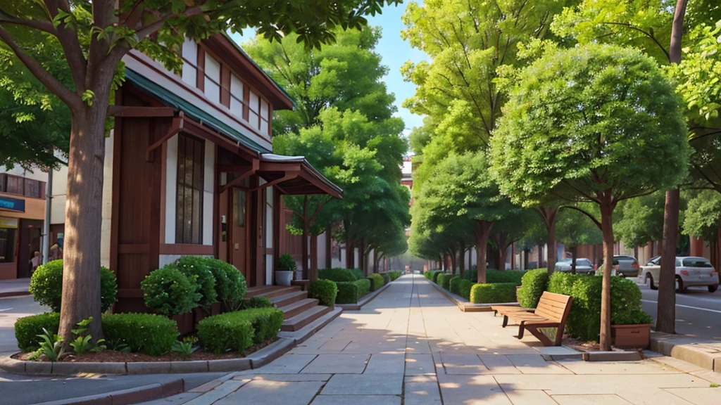 The image captures a street viewed from right to left, with a tree-lined sidewalk on the right. Tall, leafy trees line the sidewalk, providing shade and coolness. among the trees, there are wooden benches strategically placed so that people can sit and enjoy the peaceful environment. The setting conveys a feeling of calm and serenity, highlighting the harmonious integration between nature and urban space.