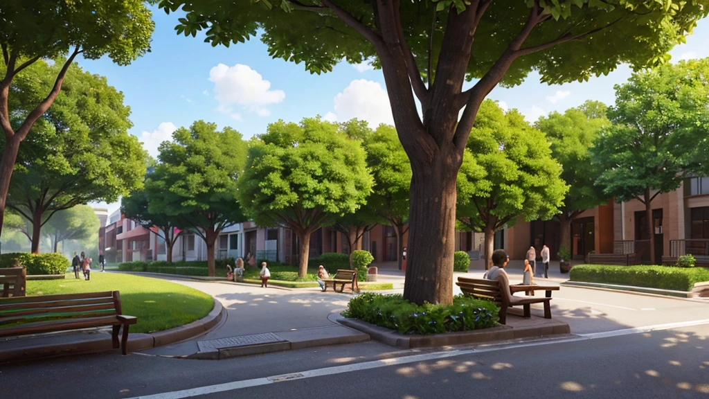 The image captures a street viewed from right to left, with a tree-lined sidewalk on the right. Tall, leafy trees line the sidewalk, providing shade and coolness. among the trees, there are wooden benches strategically placed so that people can sit and enjoy the peaceful environment. The setting conveys a feeling of calm and serenity, highlighting the harmonious integration between nature and urban space.