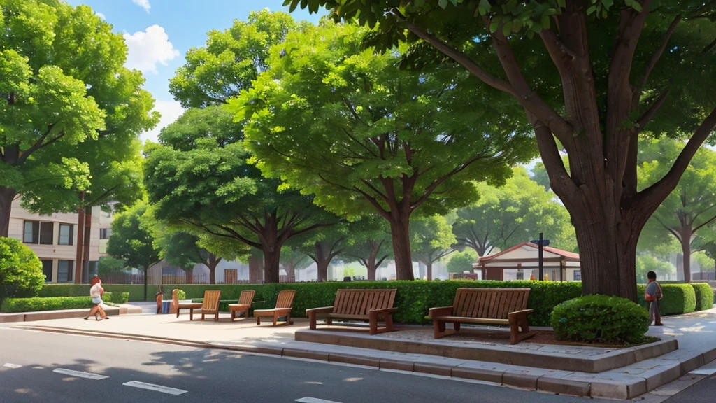 The image captures a street viewed from right to left, with a tree-lined sidewalk on the right. Tall, leafy trees line the sidewalk, providing shade and coolness. among the trees, there are wooden benches strategically placed so that people can sit and enjoy the peaceful environment. The setting conveys a feeling of calm and serenity, highlighting the harmonious integration between nature and urban space.