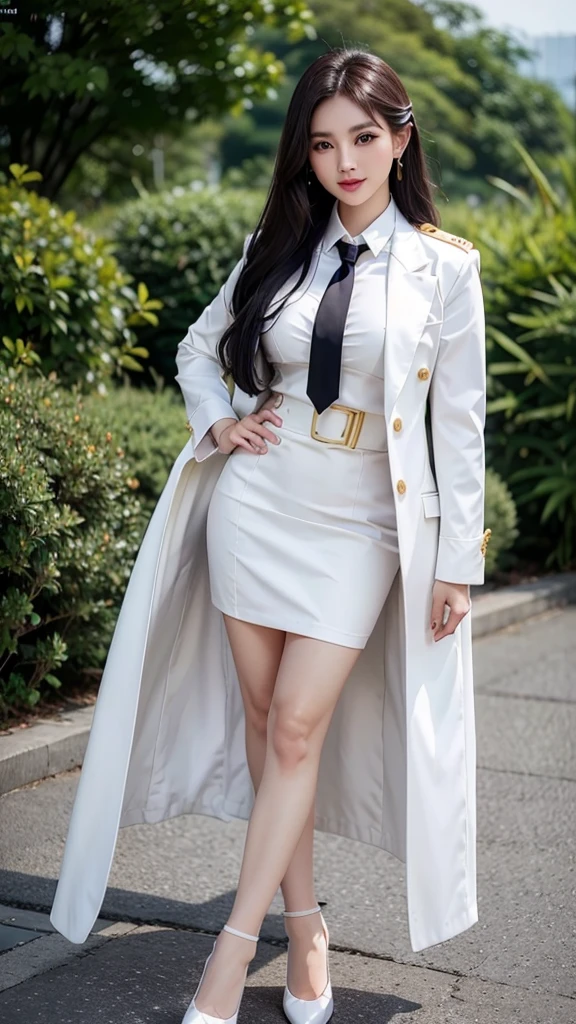 woman, shirt inside, ผูกnecktieสีดำ, เสื้อสูทสั้นwhiteด้านนอก, กระโปรงดินสอสั้นwhite, business woman suit, All white outfit, Emphasize the curves of the body, (สาวสวยTwo meter long hair, my hair is very long., extra long hair, long black hair), (Italian style suit, two button suit), (Italian suit, white สูท, Set of two buttons), (ใส่สูทwoman, Business woman สูท, white), (สูทwomanwhite), (เสื้อเชิ้ตwhite), necktie, (necktieสั้นสีดำ, necktieสีดำ, necktieผอม, ถักnecktie), (military rank insignia), (Short pencil skirtwhite), (Dynamic posts), full body, (A gigantic rift), (big breasts, thin body, small waist, hips raised, small thighs, Long legs), high-heelsสีดำ, (Short pencil skirt, white), Wearing a สูท for a business woman, (Wearing a white businesสูท, สูทนักธุรกิจหญิงwhite), (tight, military regalia, เสื้อwhite, กระโปรงwhite), (black shoes), (Two gold สูท buttons, Two meter long hair, Form fitting suit, เสื้อสูทwhiteทรงธรรมดารัดรูป), (black shoes, high-heels), (stand, walk, elegant gesture, Dynamic posts), short dress, earring, garden, monument,