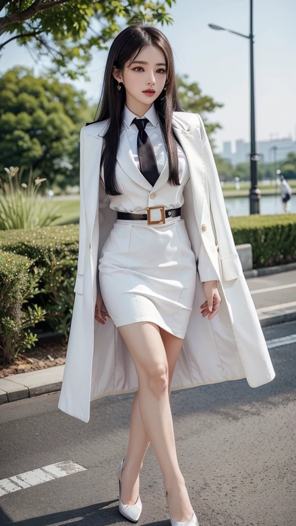 woman, shirt inside, ผูกnecktieสีดำ, เสื้อสูทสั้นwhiteด้านนอก, กระโปรงดินสอสั้นwhite, business woman suit, All white outfit, Emphasize the curves of the body, (สาวสวยTwo meter long hair, my hair is very long., extra long hair, long black hair), (Italian style suit, two button suit), (Italian suit, white สูท, Set of two buttons), (ใส่สูทwoman, Business woman สูท, white), (สูทwomanwhite), (เสื้อเชิ้ตwhite), necktie, (necktieสั้นสีดำ, necktieสีดำ, necktieผอม, ถักnecktie), (military rank insignia), (Short pencil skirtwhite), (Dynamic posts), full body, (A gigantic rift), (big breasts, thin body, small waist, hips raised, small thighs, Long legs), high-heelsสีดำ, (Short pencil skirt, white), Wearing a สูท for a business woman, (Wearing a white businesสูท, สูทนักธุรกิจหญิงwhite), (tight, military regalia, เสื้อwhite, กระโปรงwhite), (black shoes), (Two gold สูท buttons, Two meter long hair, Form fitting suit, เสื้อสูทwhiteทรงธรรมดารัดรูป), (black shoes, high-heels), (stand, walk, elegant gesture, Dynamic posts), short dress, earring, garden, monument,