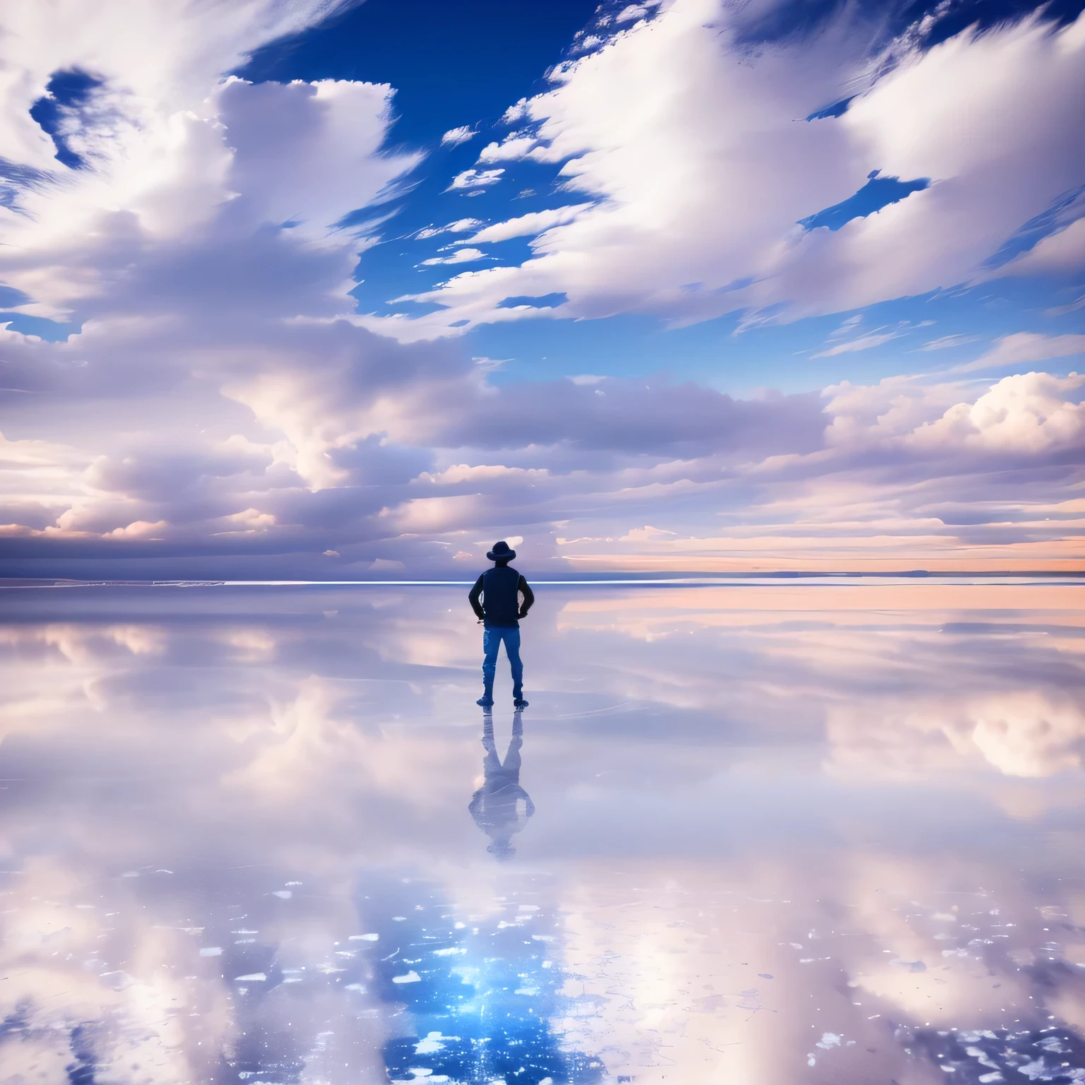 A man in his fifties standing on the salt flats with the sky in the background, At Wini Salt Lake, At the Uyuni Salt Flats, Standing on the surface of the water, Standing on the lake, Gazing at the horizon, The whole body looks like the blue sky in the distant view