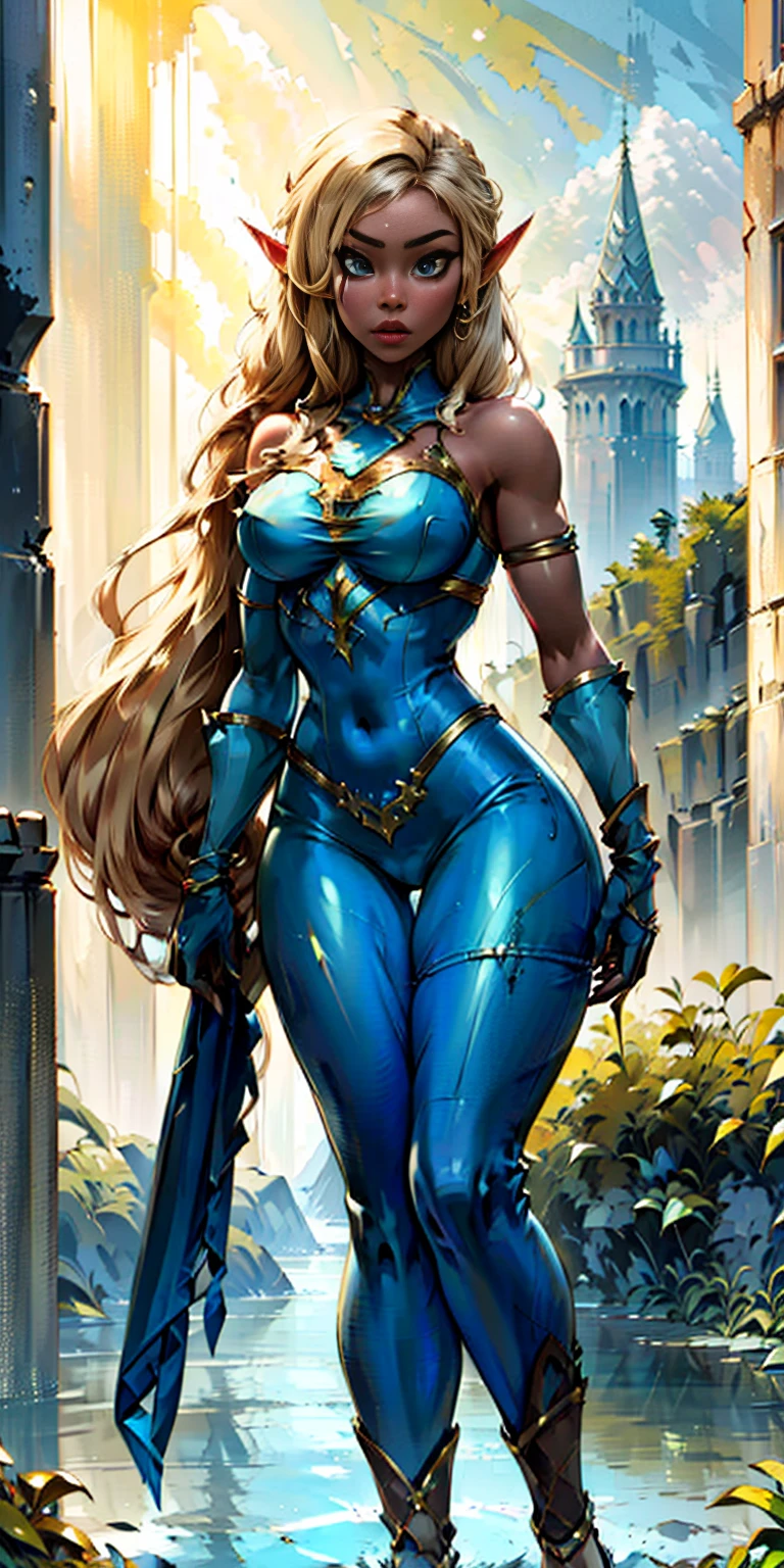 Extremely detailed Artgerm style: This sets the overall artistic style with a high level of detail. Fantasy art: This specifies the genre. Goddess of the green forest: This defines the character's role and gives context to the setting. Woman with long, elf ears: This incorporates the elf features. Black skin: This specifies the character's race. Ornate bikini armor: This combines the skimpy clothing with a fantastical, protective element. Blue high heels standing straight symmetrical: This suggests the color of the bikini and potentially the water body. Long, messy blonde hair: This adds a detail that contrasts the Artgerm style, which is typically more polished for hair.