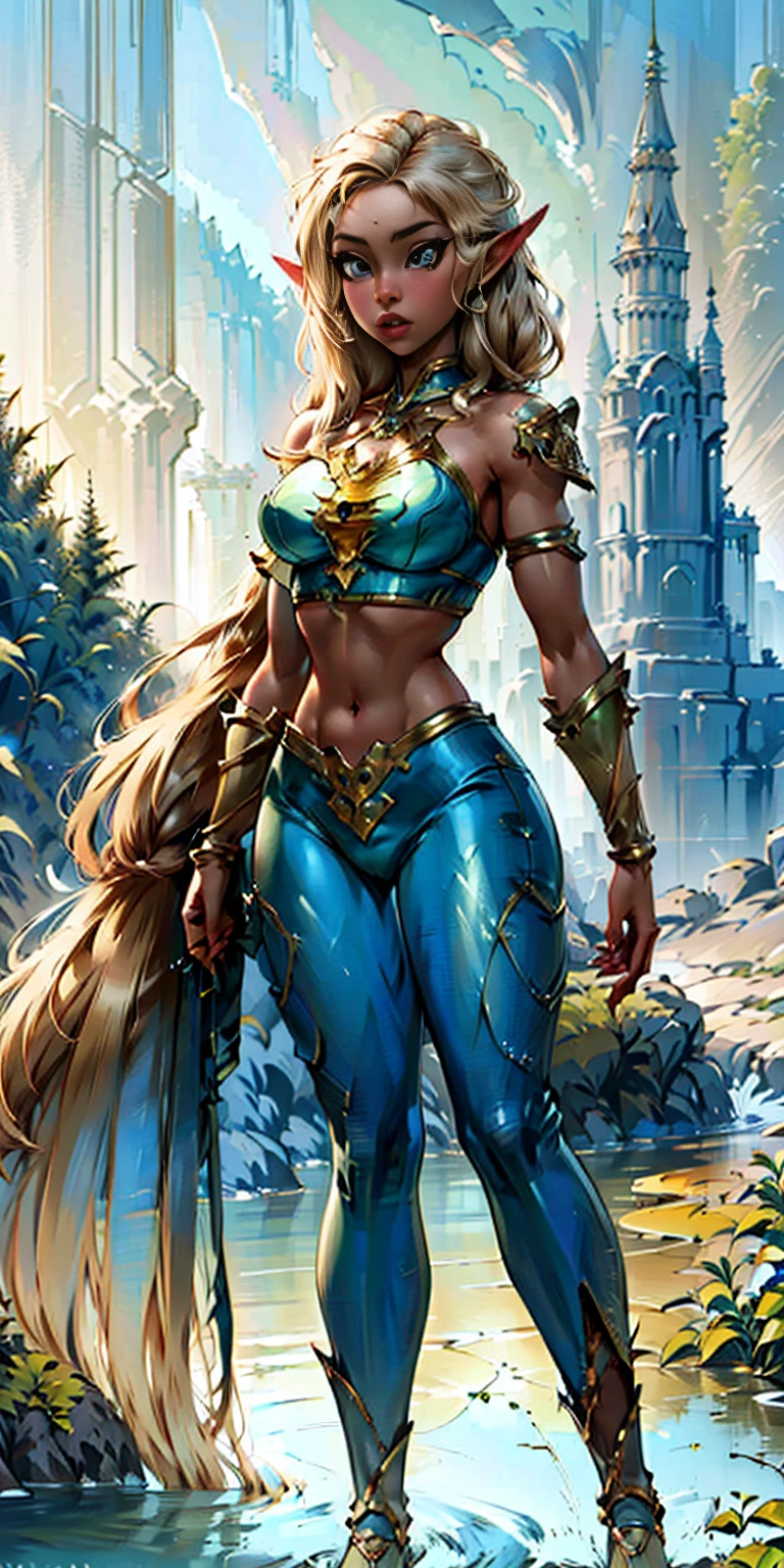 Extremely detailed Artgerm style: This sets the overall artistic style with a high level of detail. Fantasy art: This specifies the genre. Goddess of the green forest: This defines the character's role and gives context to the setting. Woman with long, elf ears: This incorporates the elf features. Black skin: This specifies the character's race. Ornate bikini armor: This combines the skimpy clothing with a fantastical, protective element. Blue high heels standing straight symmetrical: This suggests the color of the bikini and potentially the water body. Long, messy blonde hair: This adds a detail that contrasts the Artgerm style, which is typically more polished for hair.