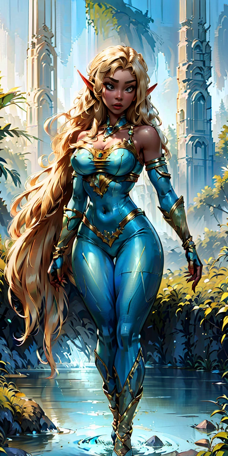 Extremely detailed Artgerm style: This sets the overall artistic style with a high level of detail. Fantasy art: This specifies the genre. Goddess of the green forest: This defines the character's role and gives context to the setting. Woman with long, elf ears: This incorporates the elf features. Black skin: This specifies the character's race. Ornate bikini armor: This combines the skimpy clothing with a fantastical, protective element. Blue high heels standing straight symmetrical: This suggests the color of the bikini and potentially the water body. Long, messy blonde hair: This adds a detail that contrasts the Artgerm style, which is typically more polished for hair.