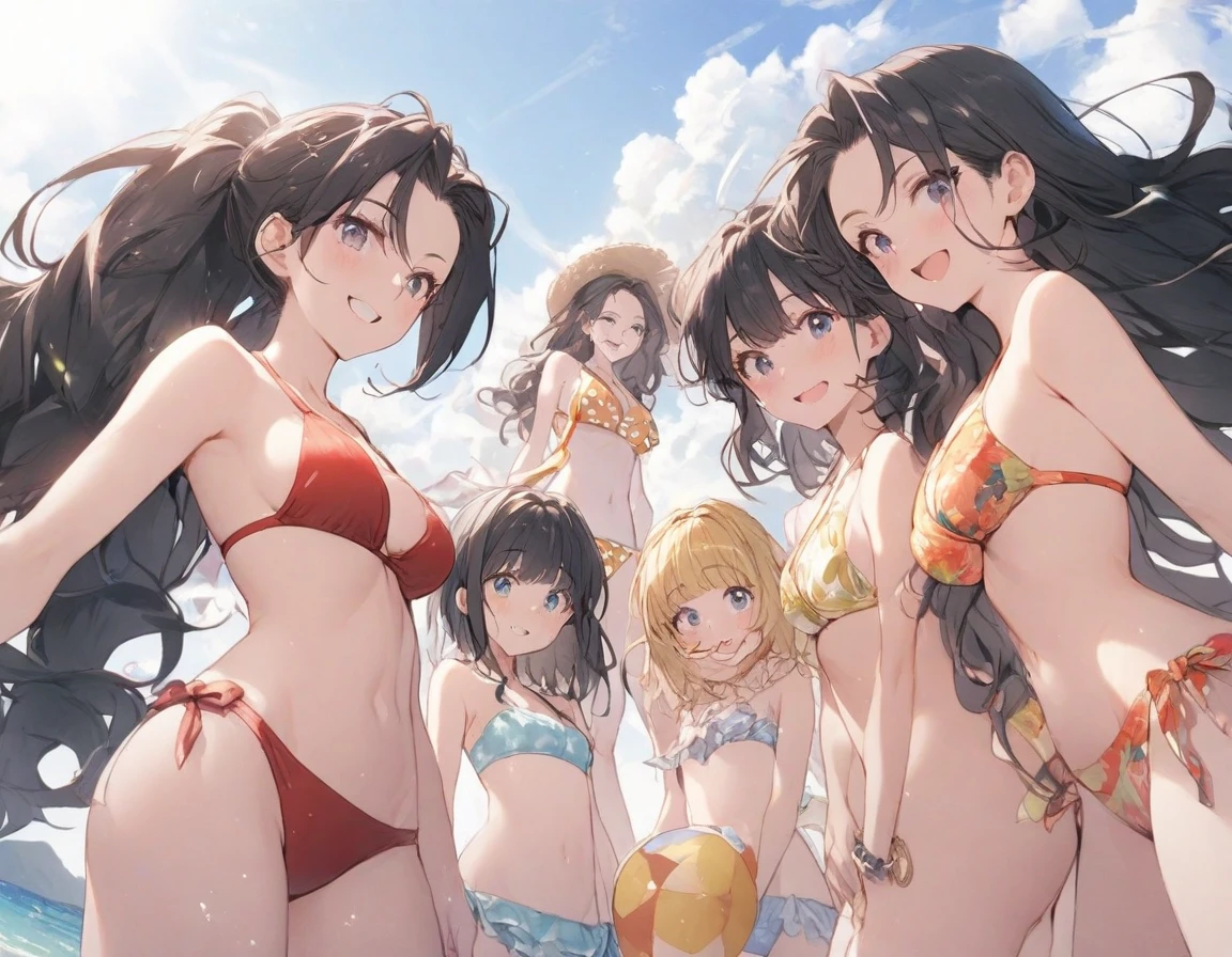 (5girls:1.1),side by side,beach,,from below,swimsuit,bikini,standing,(height difference:1.3), mother and daughter, sisters,