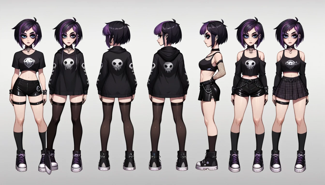 Solo, score_9,score_8_up,score_7_up, source_girl, goth girl, teenage female, black hair, goth style hair, black bike shorts, 1.3, goth makeup, fishnet, wearing goth clothes, goth, emo, goth outfit, standing, solo, full body, blue eyes, black clothes, plaid skirt is optional item (short hair), character design, character sheet, (purple highlights), Black and purple hair,