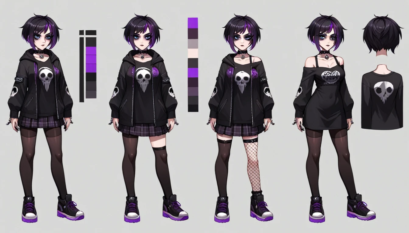 Solo, score_9,score_8_up,score_7_up, source_girl, goth girl, teenage female, black hair, goth style hair, black bike shorts, 1.3, goth makeup, fishnet, wearing goth clothes, goth, emo, goth outfit, standing, solo, full body, blue eyes, black clothes, plaid skirt is optional item (short hair), character design, character sheet, (purple highlights), Black and purple hair,