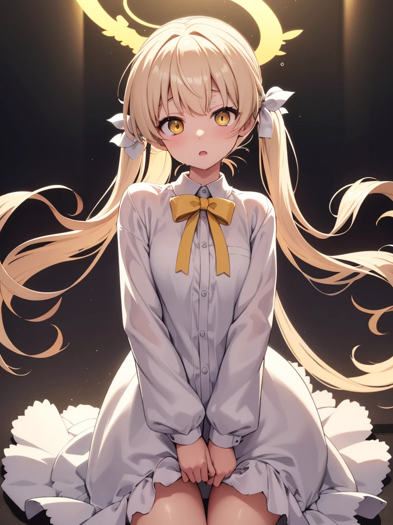 Wet and transparent、Dress shirt、(Unbroken body),(Perfect body structure),(arms two),(legs two),highest quality, 4K, (High resolution:1.3) masterpiece, 1.2, Super detailed, HDR, Studio Lighting, Sharp Focus, Bright colors, Portrait, Warm tones, Soft Lighting,Cream colored hair、Yellow Eyes、Twin tails、