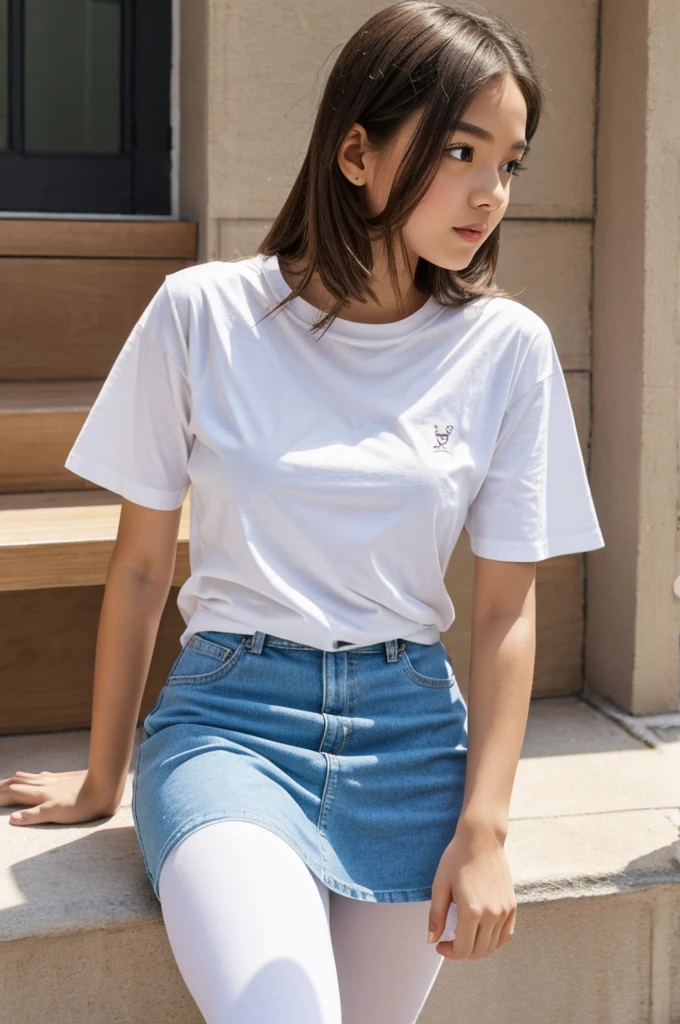 A girl with white tights t shirt 

