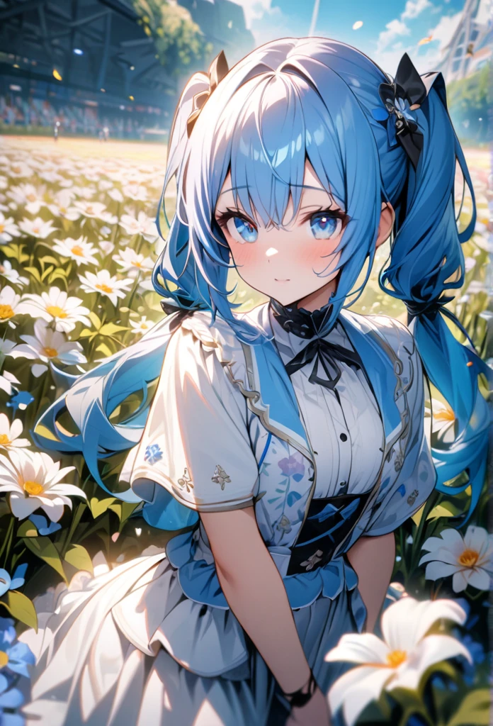 high quality, High resolution, High-precision images,8k 1 girl robot girl、Blue Hair,Twin tails,blue eyes、Flower Field、Beautiful eyes、Highly detailed eye、
,Blue and white outfit,He&#39;s wearing flashy robot armor、Plush hat、Flower Fieldで片膝をついて座る 、I close my eyes and pray