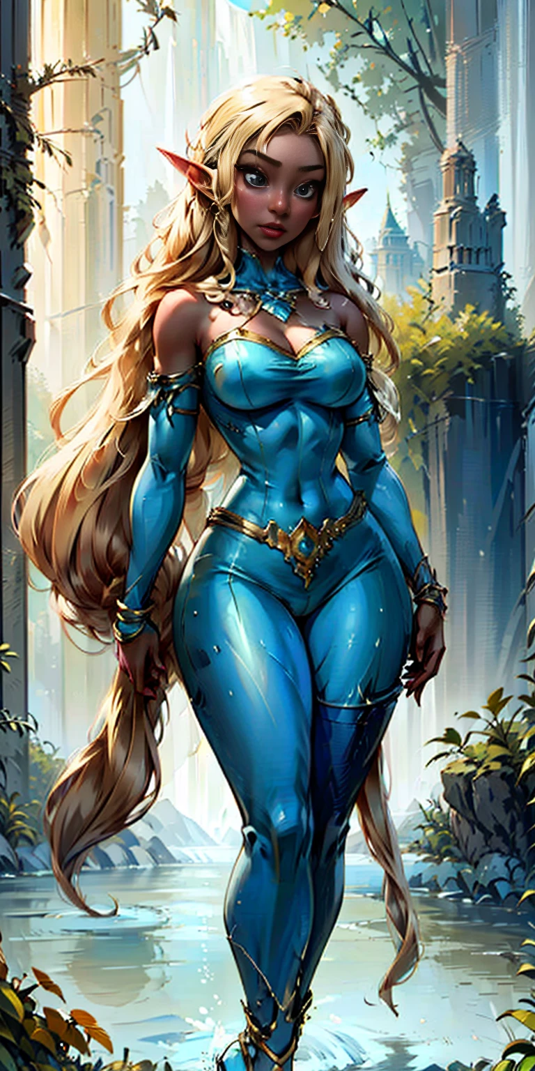 Extremely detailed Artgerm style: This sets the overall artistic style with a high level of detail. Fantasy art: This specifies the genre. Goddess of the green forest: This defines the character's role and gives context to the setting. Woman with long, elf ears: This incorporates the elf features. Black skin: This specifies the character's race. Ornate bikini armor: This combines the skimpy clothing with a fantastical, protective element. Blue high heels standing straight symmetrical: This suggests the color of the bikini and potentially the water body. Long, messy blonde hair: This adds a detail that contrasts the Artgerm style, which is typically more polished for hair.