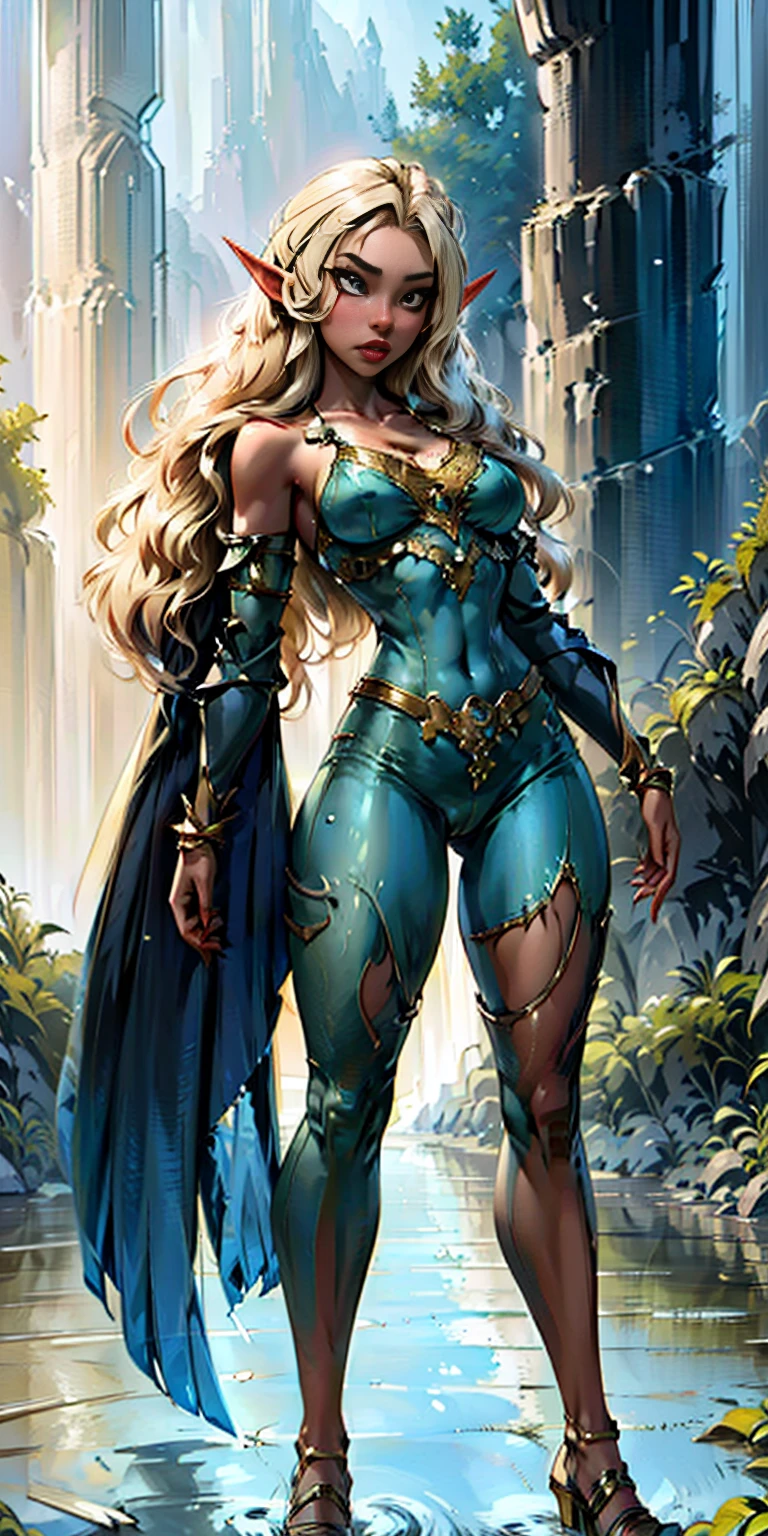 Extremely detailed Artgerm style: This sets the overall artistic style with a high level of detail. Fantasy art: This specifies the genre. Goddess of the green forest: This defines the character's role and gives context to the setting. Woman with long, elf ears: This incorporates the elf features. Black skin: This specifies the character's race. Ornate bikini armor: This combines the skimpy clothing with a fantastical, protective element. Blue high heels standing straight symmetrical: This suggests the color of the bikini and potentially the water body. Long, messy blonde hair: This adds a detail that contrasts the Artgerm style, which is typically more polished for hair.