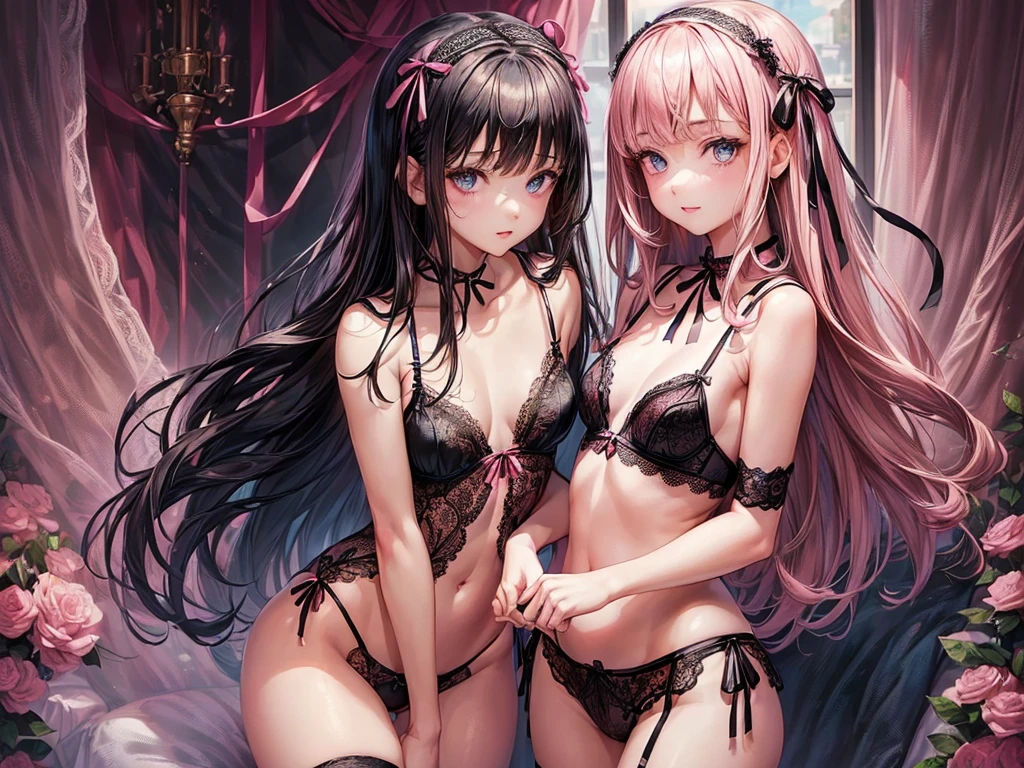 (((depict young  in lace lingerie))), (((top-quality, masterpiece))), hi-school girl, in, ((cute black lingerie with lot of details)), (((pink ribbons on lingerie))), straight brown hair, deep blue eyes, (((small breasts))), nice hips, open shoulder, shopping, (Masterpiece, Excellent, complex details), delicate girl, delicate face, happy smille