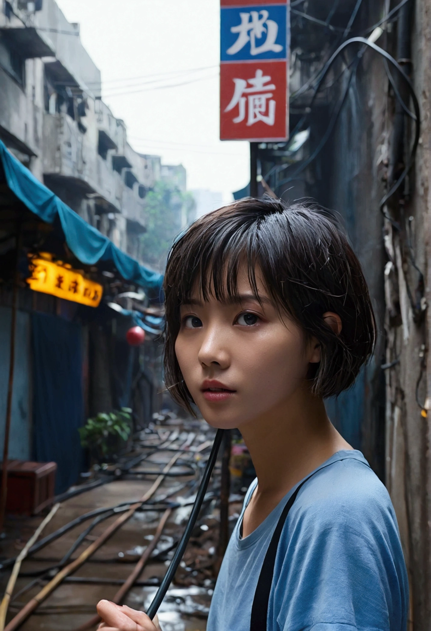 Kowloon City、Backstreets、Wet ground、pipe、duct、electric wire、signboard、plein air, Tag, Simple Background, 青いnull, short hair, One Girl、Beautiful girl、null, Looking at the audience, stage, Moody lighting,