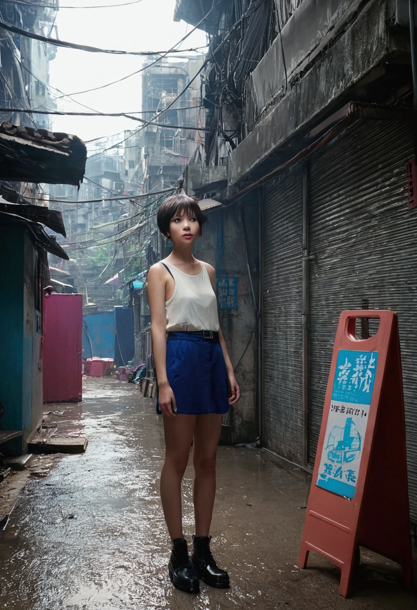 Kowloon City、Backstreets、Wet ground、pipe、duct、electric wire、signboard、plein air, Tag, Simple Background, 青いnull, short hair, One Girl、Beautiful girl、null, Looking at the audience, stage, Moody lighting,