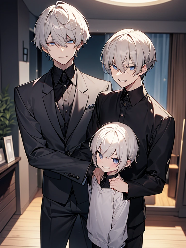 Short Hair:1.9,Ugly man:1.9、Villain、night、Apartment room、He has a bad appearance、Dark circles under the eyes:1.9、Sunken eye sockets、Black around the eyes、Grinning、Lean and muscular、Short-cropped blonde hair、Black nape、White collared shirt、Black suit