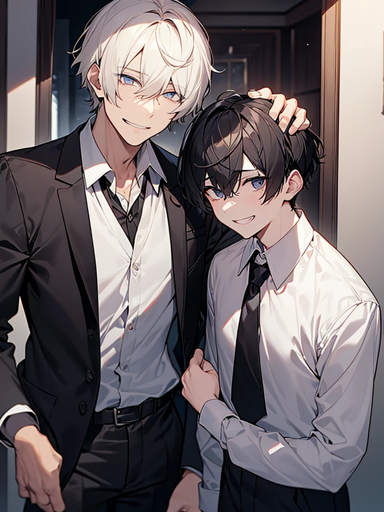 Short Hair:1.9,Ugly man:1.9、Villain、night、Apartment room、He has a bad appearance、Dark circles under the eyes:1.9、Sunken eye sockets、Black around the eyes、Grinning、Lean and muscular、Short-cropped blonde hair、Black nape、White collared shirt、Black suit