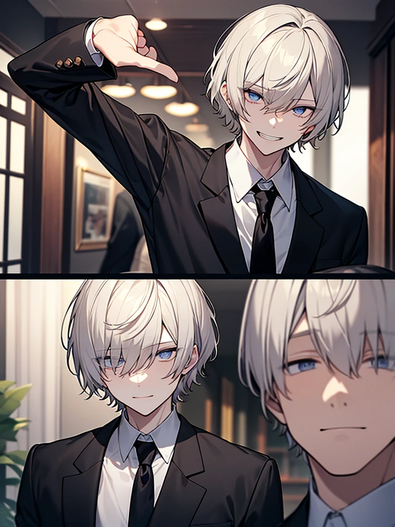 Short Hair:1.9,Ugly man:1.9、Villain、night、Apartment room、He has a bad appearance、Dark circles under the eyes:1.9、Sunken eye sockets、Black around the eyes、Grinning、Lean and muscular、Short-cropped blonde hair、Black nape、White collared shirt、Black suit