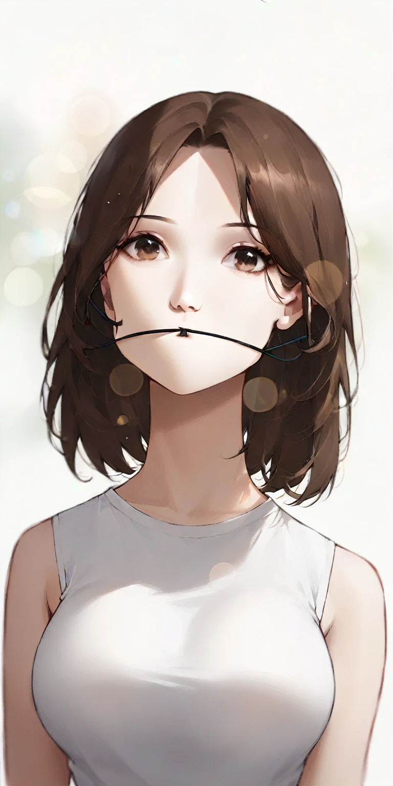 top quality, photorealestic, 8K, High Resolution, 1 girl, woman, (Skin indentation), (portrait: 0.6), beautiful, (White background: 1.82)), ((size, Round breasts, Sleeveless white t-shirt: 1.75)), Look straight ahead: 1.8, (1 girl Eyes, medium length hair, Brown hair, parted bangs : 1.65), photorealestic, (bokeh), (mouth closed: 1.46), beautiful, pureerosface_v1,