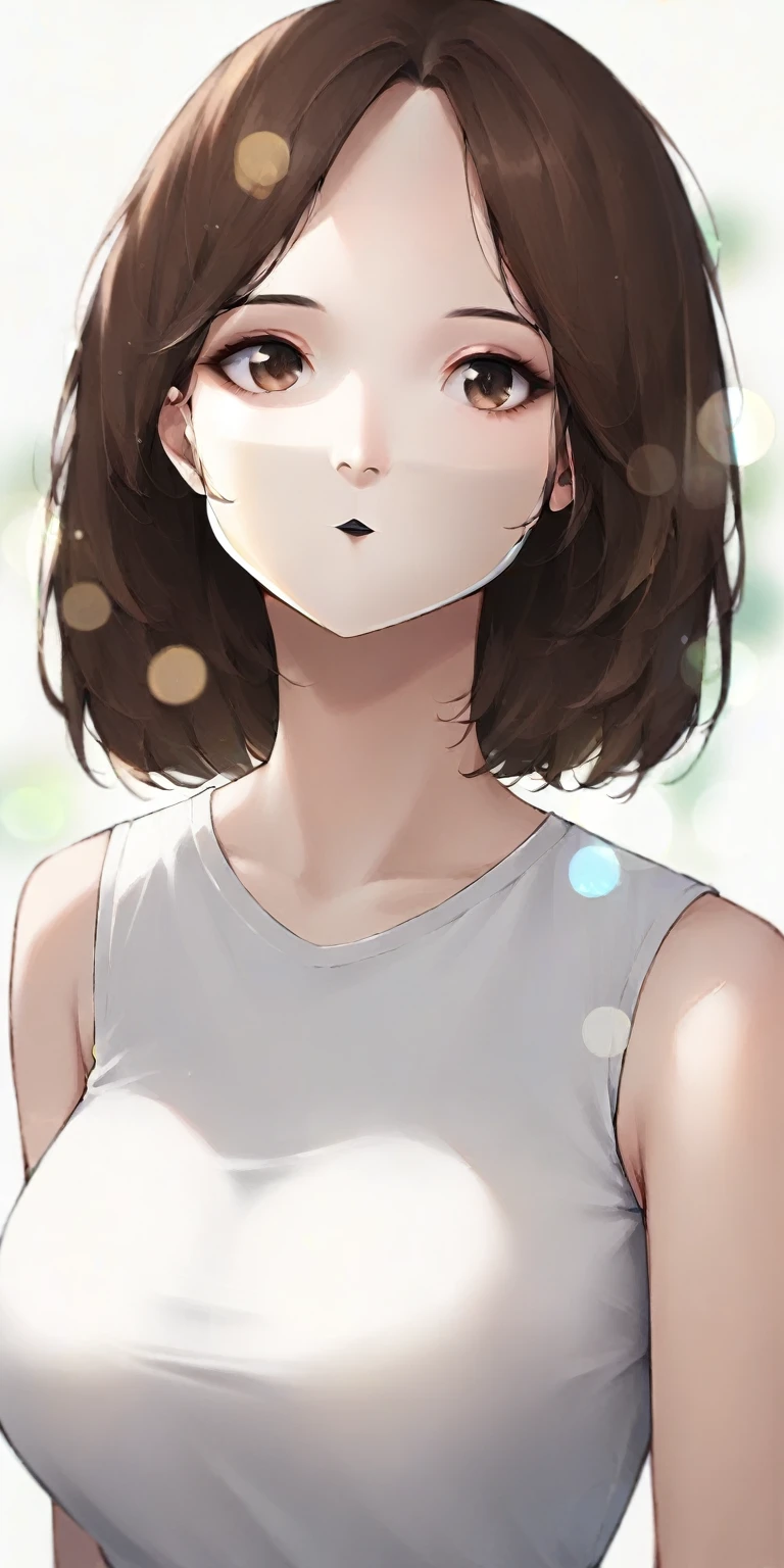 top quality, photorealestic, 8K, High Resolution, 1 girl, woman, (Skin indentation), (portrait: 0.6), beautiful, (White background: 1.82)), ((size, Round breasts, Sleeveless white t-shirt: 1.75)), Look straight ahead: 1.8, (1 girl Eyes, medium length hair, Brown hair, parted bangs : 1.65), photorealestic, (bokeh), (mouth closed: 1.46), beautiful, pureerosface_v1,