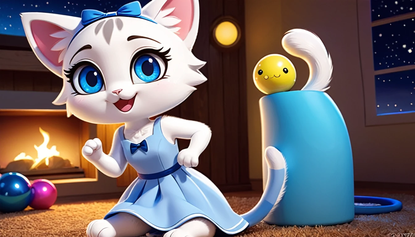 Late Night,In the warm home of log style,There is a white cartoon 3D cat,Has big blue eyes,Long eyelashes,Line eyebrows,smiling,Wearing a blue dress,Cat wearing a headband playing with toys,墙上的钟已经显示Late Night