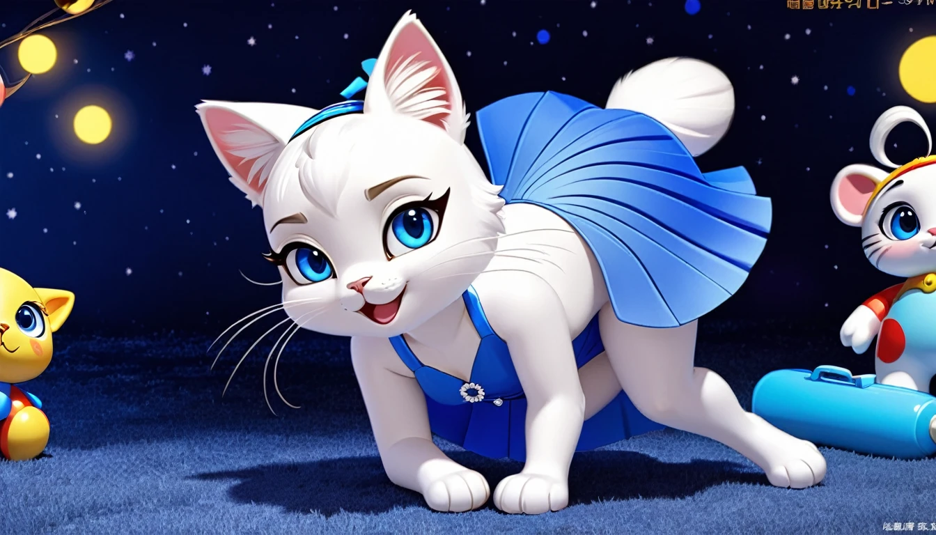 Late Night，In the warm home of log style，There is a white cartoon 3D cat，Has big blue eyes，Long eyelashes，Line eyebrows，smiling，Wearing a blue dress，Cat wearing a headband playing with toys，墙上的钟已经显示Late Night