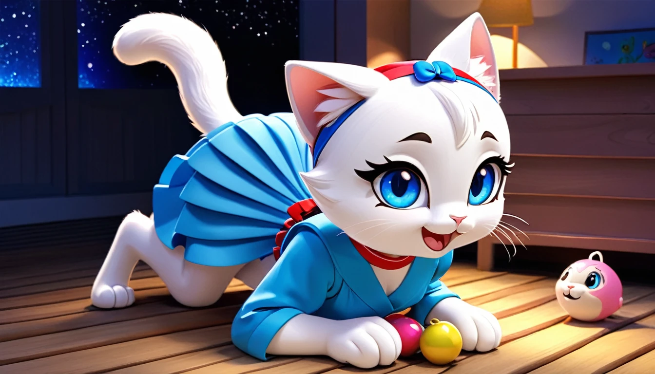 Late Night,In the warm home of log style,There is a white cartoon 3D cat,Has big blue eyes,Long eyelashes,Line eyebrows,smiling,Wearing a blue dress,Cat wearing a headband playing with toys,墙上的钟已经显示Late Night