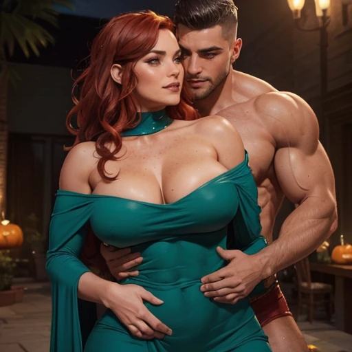 Tall muscular short-hair Chad man shirtless being hugged and groped and feeling muscles flirtatiously with his wife: Athletic fit bodybuilding muscular 30 year old fitness athlete Princess woman, goth emo witch, fantasy setting, amazingly long wavy voluminous flowing red hair down her back to her thighs beautiful like a waterfall, big beautiful green eyes, MANY freckles on face and body, muscle tone, wet and glistening from sweat, ((( IMPORTANT: and a huge colorful loose baggy oversized low-cut comfy big dress with ONE wide-neck-hole that goes all around off-shoulder and cleavage in one big swoop 1.3))), flowers in hair, muscle definition in shoulders and belly and legs, gorgeous neck and shoulders, curvy, juicy wide hips, thick thighs, nice big muscular ass, mature gorgeous incredible pretty face, grinning, laughing, many tattoos on her body, exploring an expensive mansion of a rich man in the night during a popular Halloween party with others, Instagram model, (((small breasts 1.3))) (((realistic figure))), ((( incredible thoughtful cinematography to enhance the scene and sense of space, bokeh and incredible colors and professional photographer with a sense of the dynamic and having depth 1.3 ))) , SFW, abs,photorealistic,super long hair, incredible outfit, closeup camera