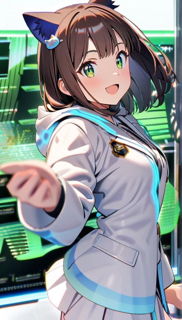 1girl,brown short straight hair,green eyes,cat ears accessory,white blazer,hoodie,white skirt,perfect lean body, enthusiastic smile ,8k,high definition,hologram beast,