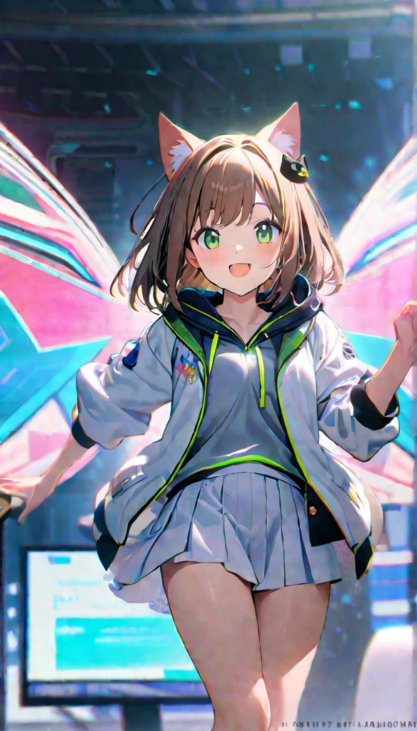 1girl,brown short straight hair,green eyes,cat ears accessory,white blazer,hoodie,white skirt,perfect lean body, enthusiastic smile ,8k,high definition,hologram beast,