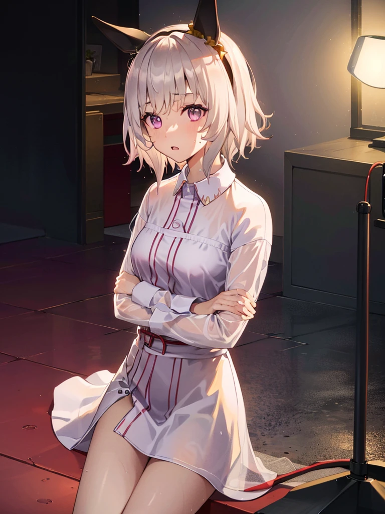 Wet and transparent、Dress shirt、(Unbroken body),(Perfect body structure),(arms two),(legs two),highest quality, 4K, (High resolution:1.3) masterpiece, 1.2, Super detailed, HDR, Studio Lighting, Sharp Focus, Bright colors, Portrait, Warm tones, Soft Lighting,white hair、Pink eyes、