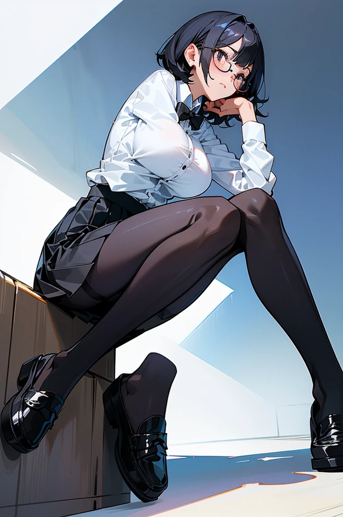 1 girl, glasses, (full body:1.2), sitting, (angle from below:1.1), (angle from the side:1.1), blush, (slim body:1.2), (huge breasts:1.3), (slender and long legs:1.1), black hair, short hair, white long sleeve shirt, pleated skirt, (black tights:1.1), black loafers,
