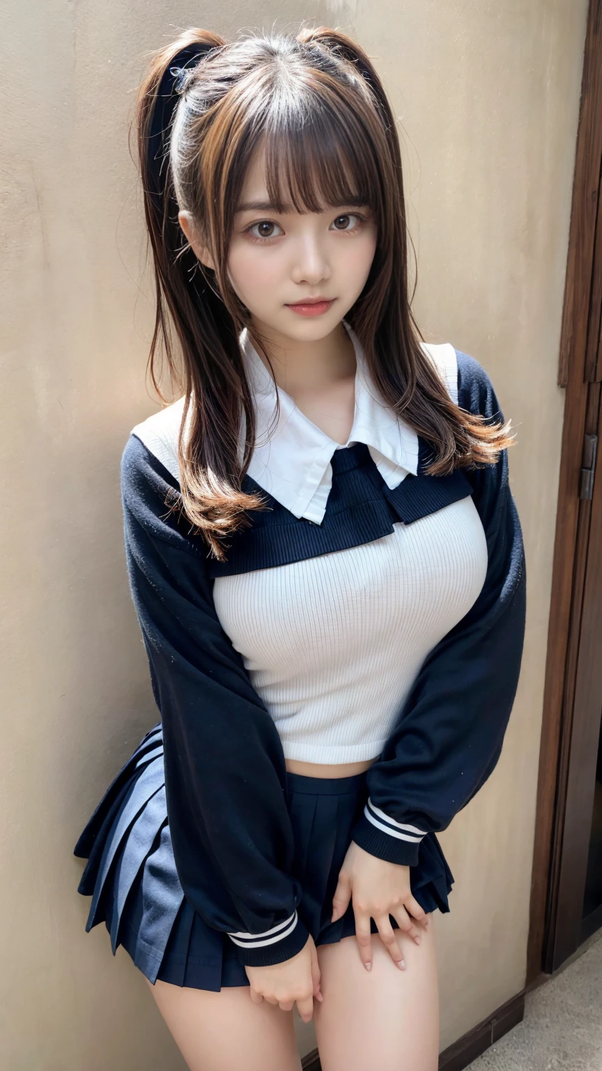 masterpiece, best quality, illustration, Super detailed, fine details, High resolution, 8K,wall paper, perfect dynamic composition,(Details High quality, realistic depiction of eyes:1.3), short hair, Black Sailor Uniform, serafuku, Navy pleated skirt, huge breasts, black hair color, Big Natural Color Lip, bold sexy pose, crying a little、 Harajuku style、20 year old girl、cute type、lolita、beautiful legs, hotel room, full body photo、focus on crotch, hposing Gravure Idol
