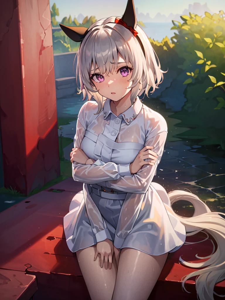 nsfw,Wet and transparent、Dress shirt、(Unbroken body),(Perfect body structure),(arms two),(legs two),highest quality, 4K, (High resolution:1.3) masterpiece, 1.2, Super detailed, HDR, Studio Lighting, Sharp Focus, Bright colors, Portrait, Warm tones, Soft Lighting,white hair、Pink eyes、