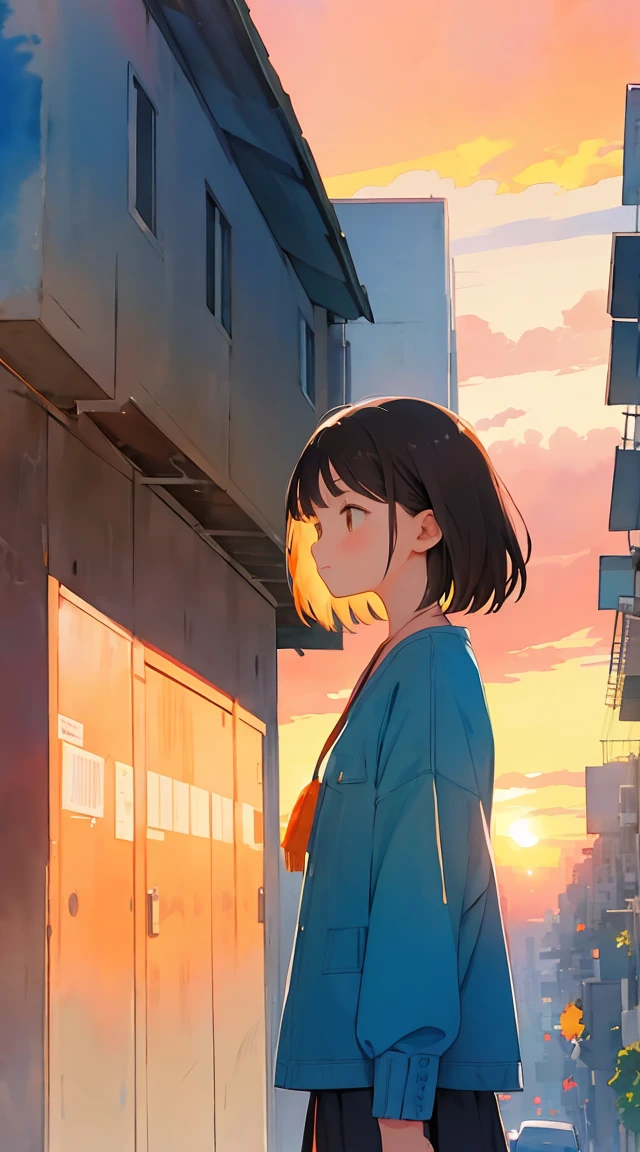 watercolor,building,Girl in the distance,sunset,setting sun,Big Sky,orange,Sad expression,whole body