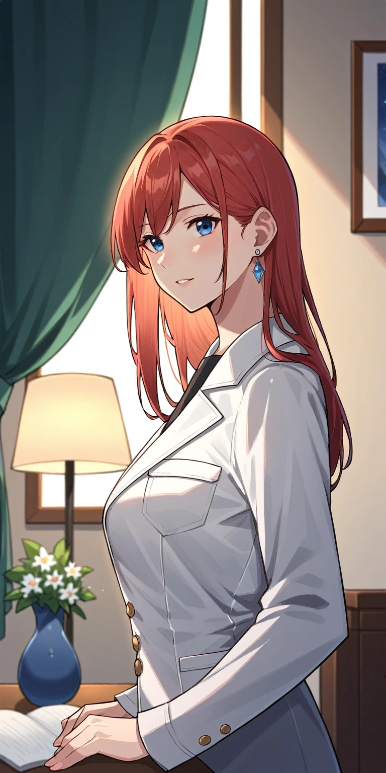 best quality, (​masterpiece:1.2), Illustration, most absurd, (1 girl, alone), (beautiful detailed girl), ((upper body, portrait)),, Hals MacMillan, shorth hair, Red hair, blue eyes, medium breasts, blue crystal earrings, White jacket, , Cool, quiet, Viewers look at,, in the elegant bedroom, natta, windows, Curtain, Starry sky, lamp, bookshelf, nattastand, vase, desk,