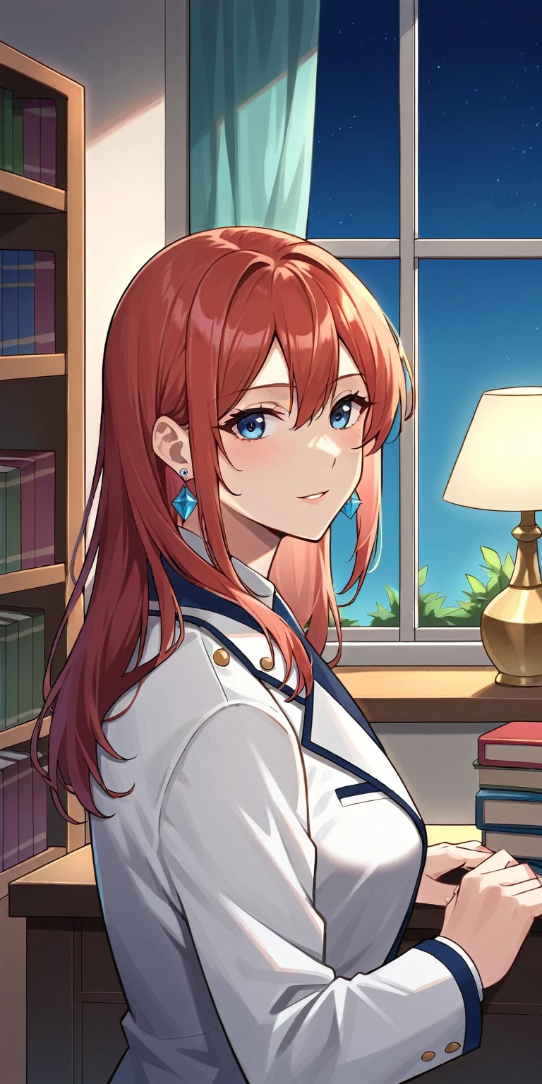 best quality, (masterpiece:1.2), Illustration, most absurd, (1 girl, alone), (beautiful detailed girl), ((upper body, portrait)),, Hals MacMillan, shorth hair, Red hair, blue eyes, medium breasts, blue crystal earrings, White jacket, , Cool, quiet, Viewers look at,, in the elegant bedroom, natta, windows, Curtain, Starry sky, lamp, bookshelf, nattastand, vase, desk,
